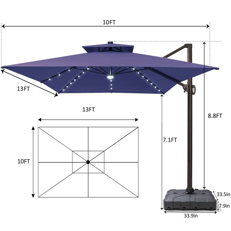 Pellebant 10 x 13FT Outdoor Rectangular Cantilever Patio Umbrella Solar LED Lighted with HDPE Base