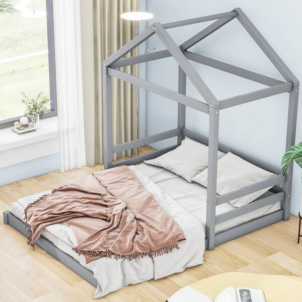 slide 2 of 8, Wooden Full Size House Kids Bed Frame with Guardrail, Safety Guaranteed, Grey Grey