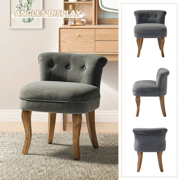 Xacobo Modern Velvet Tufted Vanity Stool with Wood Legs by
