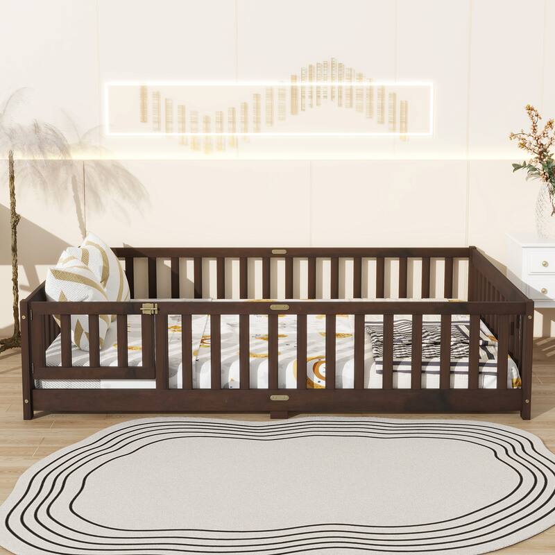 Roomfitters Twin/Full/Queen Rubber Wood Floor Bed with Fence and Swing Door, Safety Guardrails, Low Profile Design