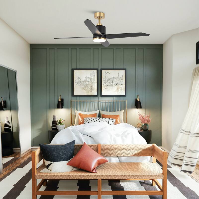 52" Black Wood 4-Blade Dimmable Modern Ceiling Fan with Light and Remote