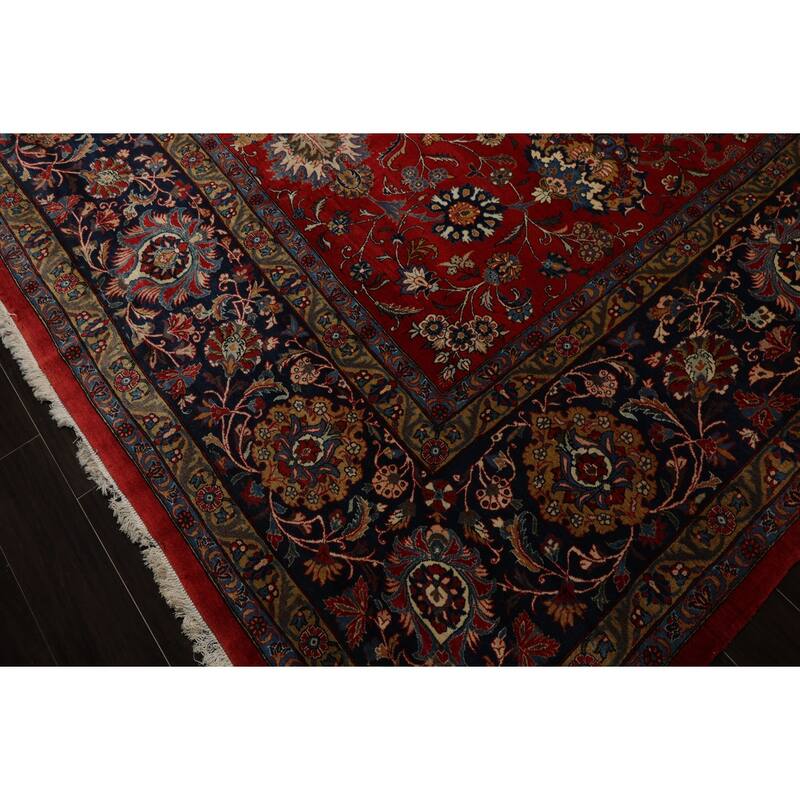 12'5''x16'5'' Hand Knotted Wool 300 KPSI Red Traditional Botanical Kerman Rug - 12' 5'' x 16' 5''