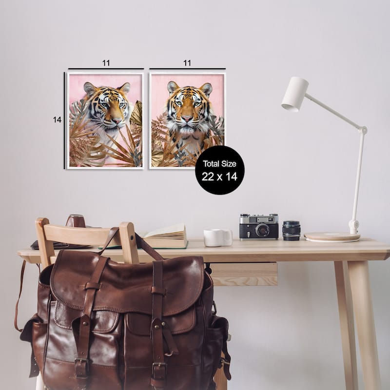 Stupell Fierce Tigers & Gold Leaves Framed Giclee Art Design By Kim Allen (Set of 2)
