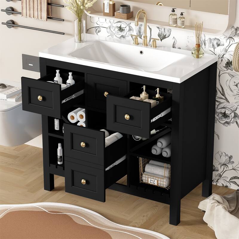 36'' Bathroom Wood Storage Vanity Cabinet with Resin Sink and Drawers