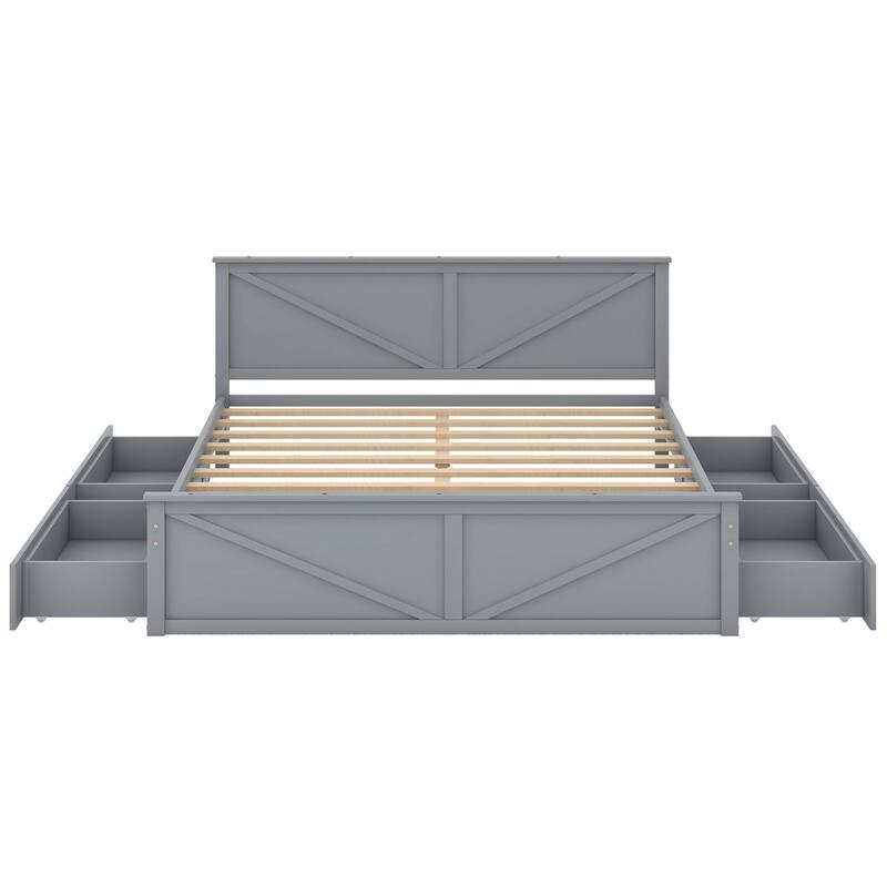 Wooden platform bed with four storage drawers