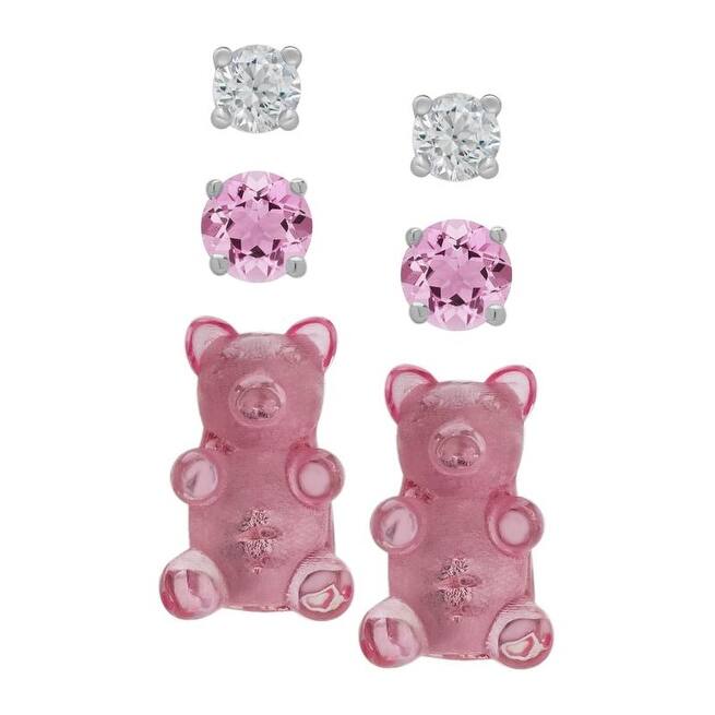 .925 Sterling Silver Pink Sapphire Gummy Bear 3 Pair Earring Set.