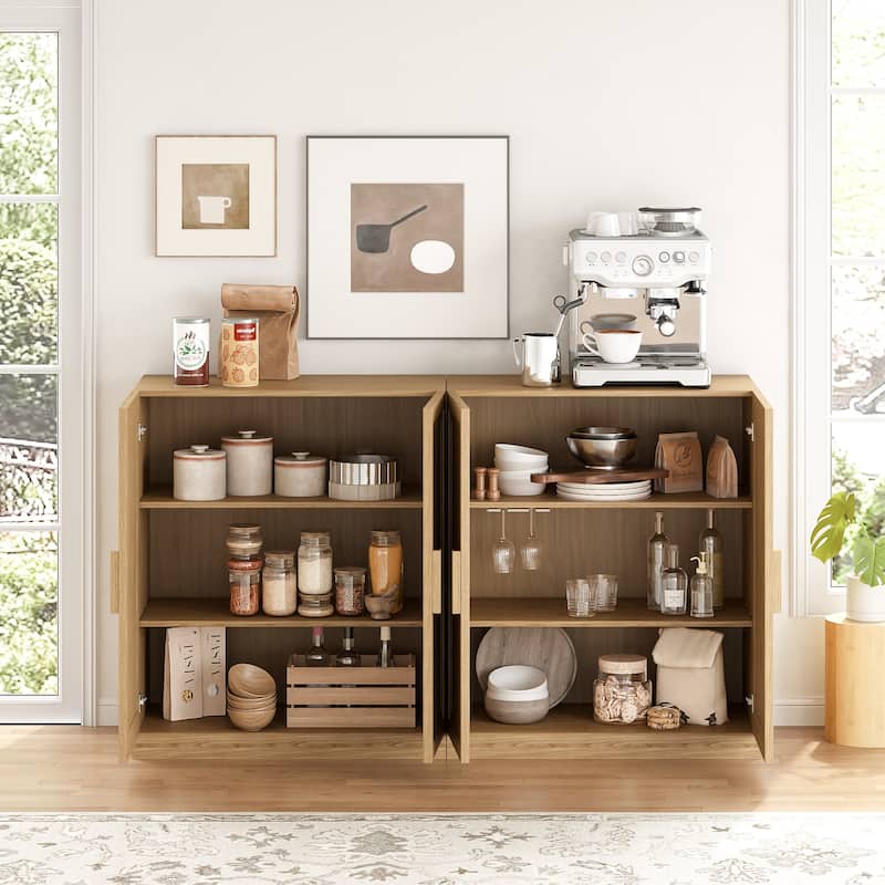 62"LX36"H Solid Wood Kitchen Pantry Sideboard Buffet Cabinet Storage with Rattan Doors - Brown