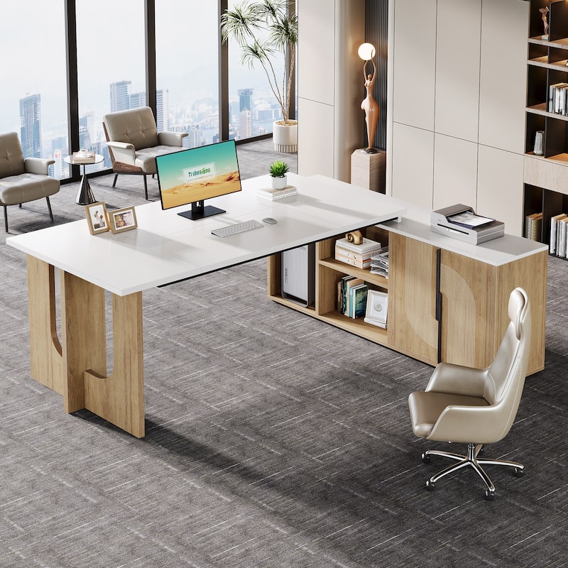 74.8-Inch L Shaped Executive Desk, Large Office Computer Desk with Cabinet and Shelves for Home Office