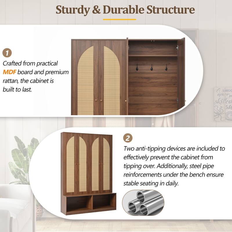 55.1" Wide Farmhouse Hall Tree - 4 Rattan Doors & 6-Hook Entryway Bench - Mid-Century 4-in-1 Shoe Cabinet with Adjustable Shelf