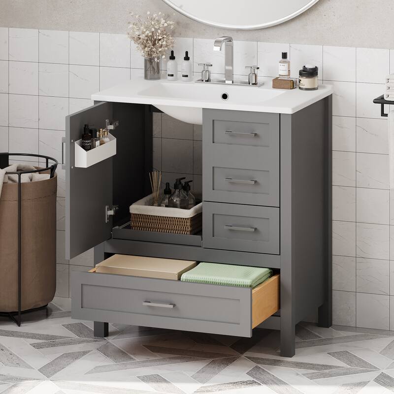30" Modern Bathroom Vanity Set with Ceramic Sink - Soft-Close Doors & 3 Drawers, Storage Cabinet with Removable Tray