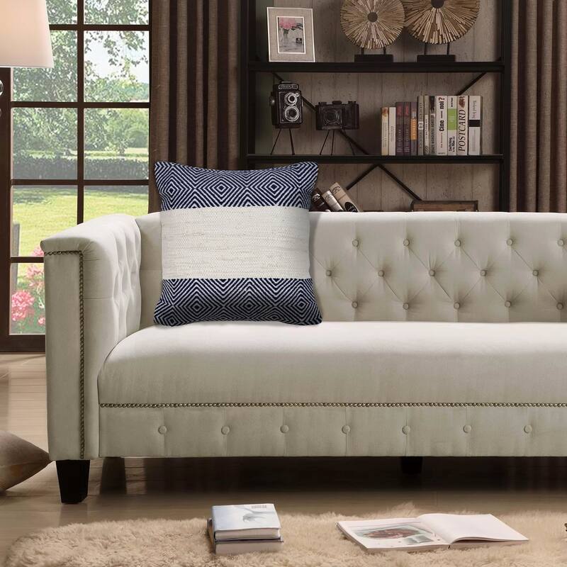 Handwoven Overtufted Diamond Square Cotton Throw Pillow Cover - 18" - Blue and Cream