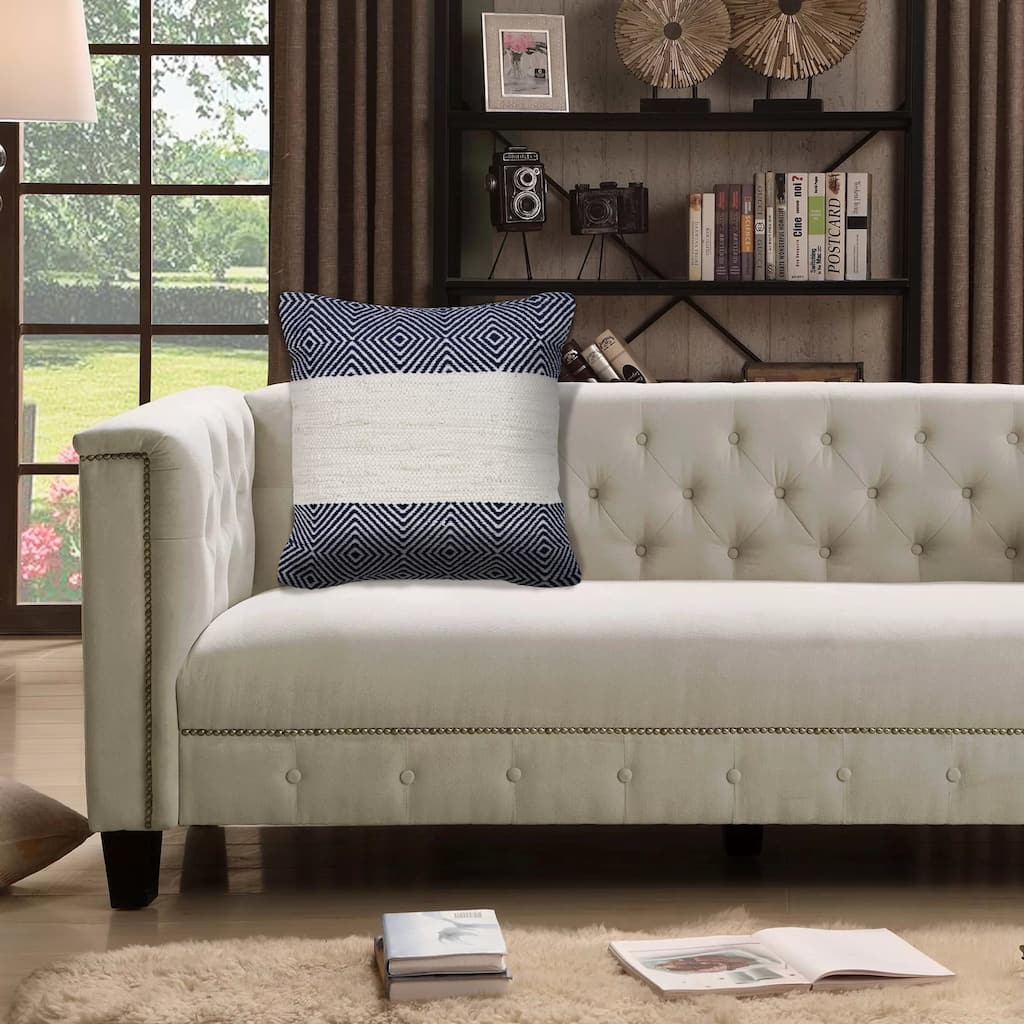 Handwoven Overtufted Diamond Square Cotton Throw Pillow Cover - 18" - Blue and Cream