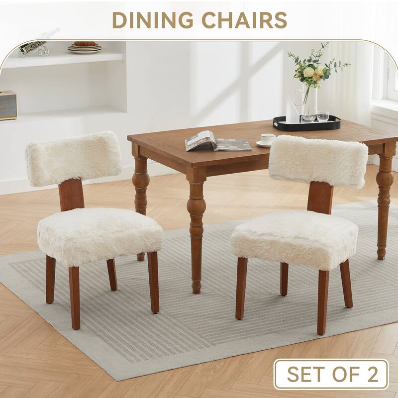 Set Of 2 Fur Fabric Modern Armless Dining Chairs With Curved Backrest And Solid Wooden Legs For Dining Room Living Room,Ivory