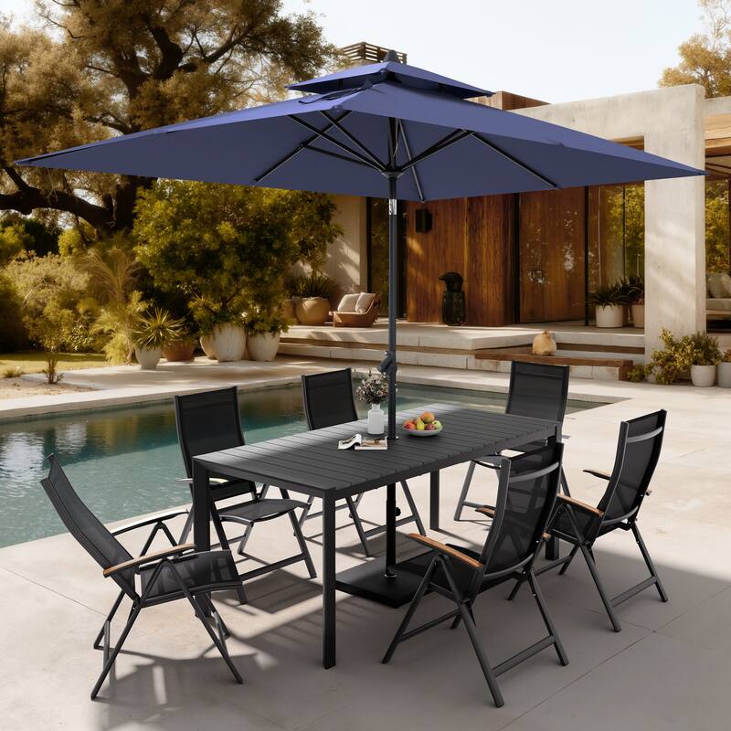 9-Piece Outdoor Patio Dining Set Wood Like Aluminum Umbrella Hole Table with Folding Chairs, Market Umbrella and Base - GreyTable&BlackChairs&NavyBlueUmbrella