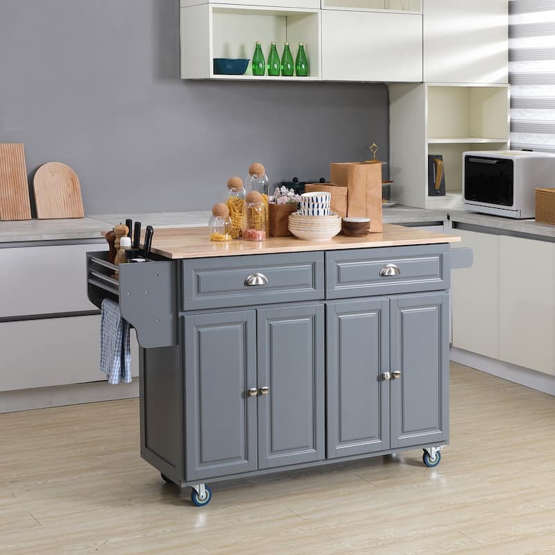 HOMCOM Rolling Kitchen Island on Wheels Utility Cart with Drop-Leaf and Rubber Wood Countertop, Storage Drawers, Dark Grey - Dark Grey - Stationary - Wood