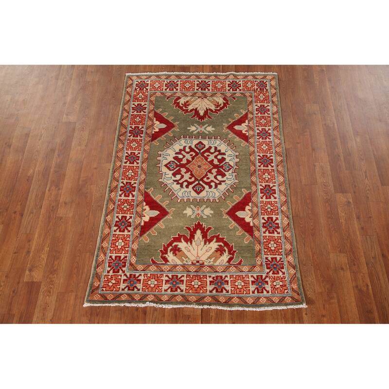 Geometric Green Kazak Oriental Accent Rug Handmade Wool Carpet - 3'3"x 5'1"