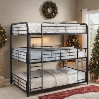Space-Saving Black Triple Full Bunk Bed with Guardrails & Ladders