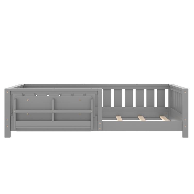 Montessori Floor Bed Low Profile Kids Bed with Rails & Bookshelf
