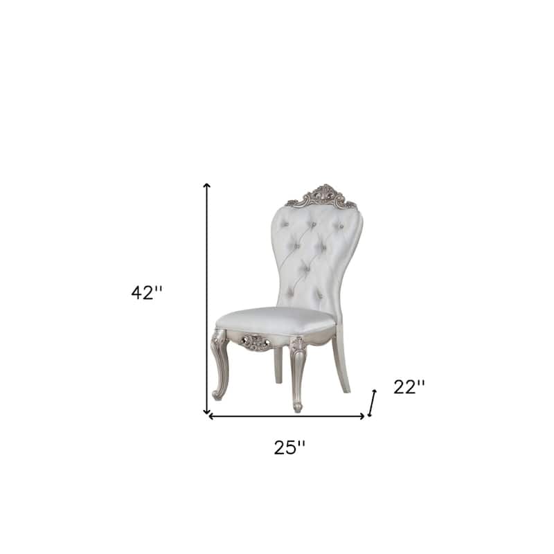 Set of 2 Upholstered Dining Side Chairs with Cream Fabric Queen Anne Back and Antiqued White Wood Frame - 42”H x 25”W x 22”D