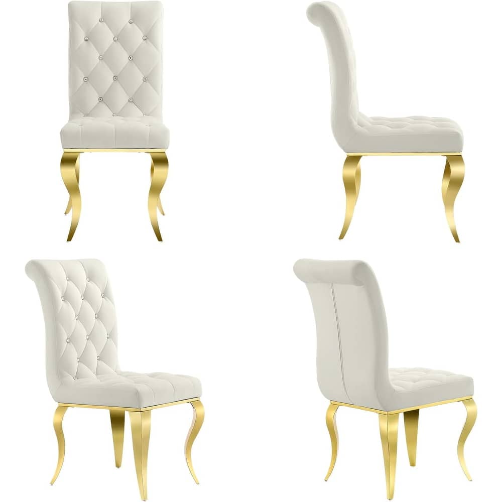 Luxury White Velvet Dining Chairs with Crystal Decor Button Tufted Back and Gold Metal Legs