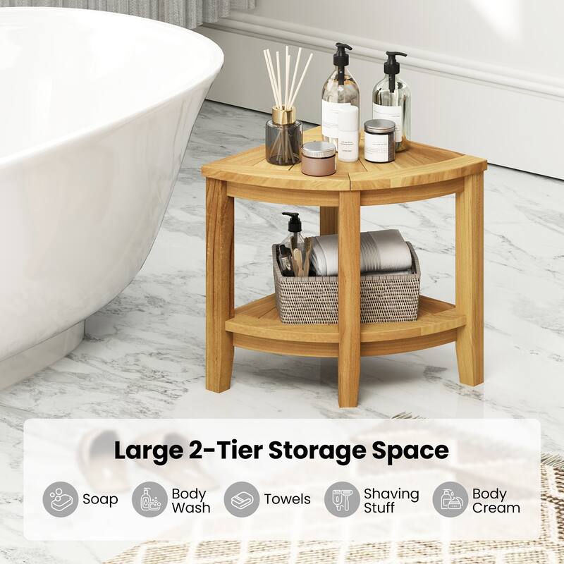 Gymax Corner Shower Stool Teak Wood Shower Bench w/ Storage Shelf