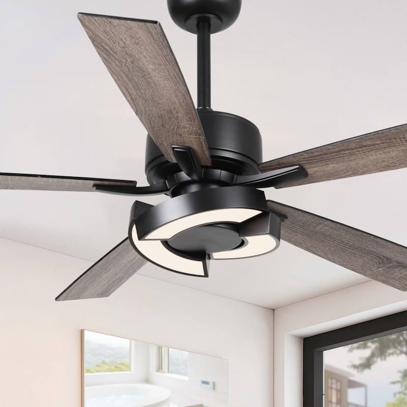 52" Black Wooden 5-Blade Dimmable Modern Ceiling Fan with Light and Remote