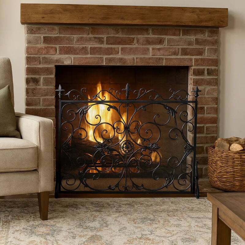 Fireplace Screen, 45 Inch Scroll Design with Mesh, Black Silver Iron