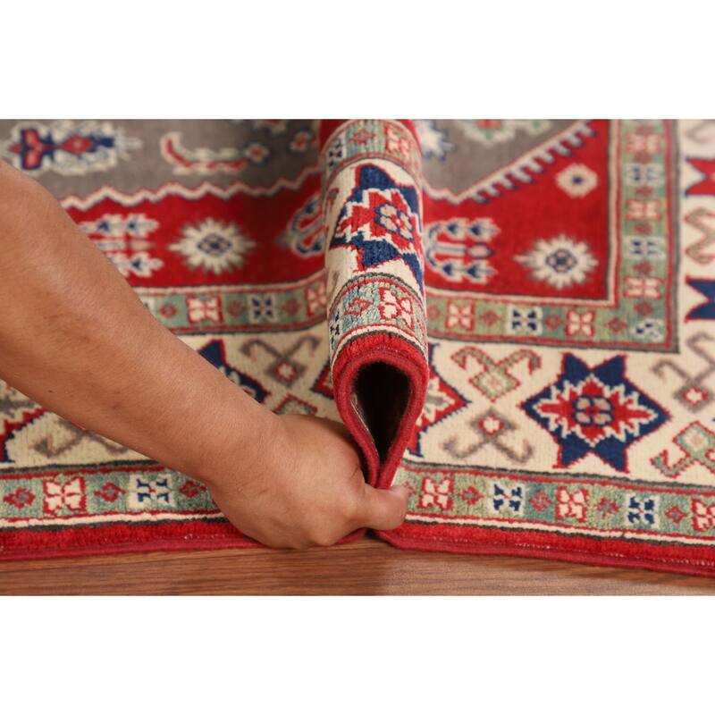 Geometric Kazak Oriental Area Rug Handmade Grey Wool Carpet - 5'0" x 6'6"