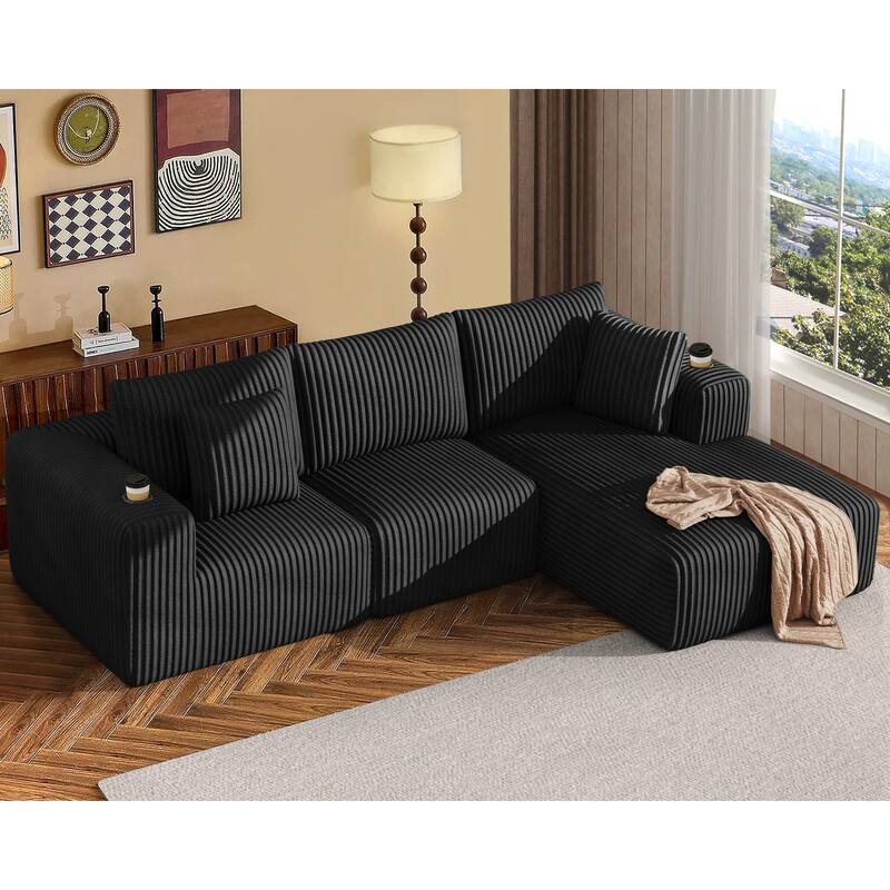 108" Cloud Sectional Couch with Chaise Lounge, L Shaped Modular Modern Sofa with Cup Holder, No Assembly Required - Black-Left Chaise