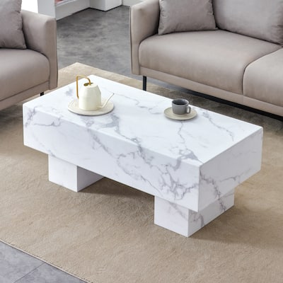 Contemporary Marble Coffee Table‌ – Sleek White MDF Table with Stone Texture, 43.3"x21.6"x17.2" Compact Design