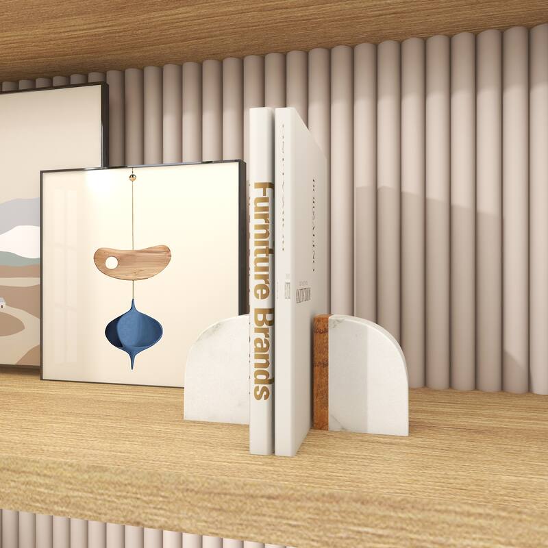 White Marble 5 lbs Decorative Bookends with Wood Details (Set of 2)