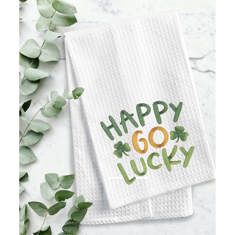 St. Patrick's Day "Happy Go Lucky" Shamrocks Waffle Weave Cotton Kitchen Dishtowel