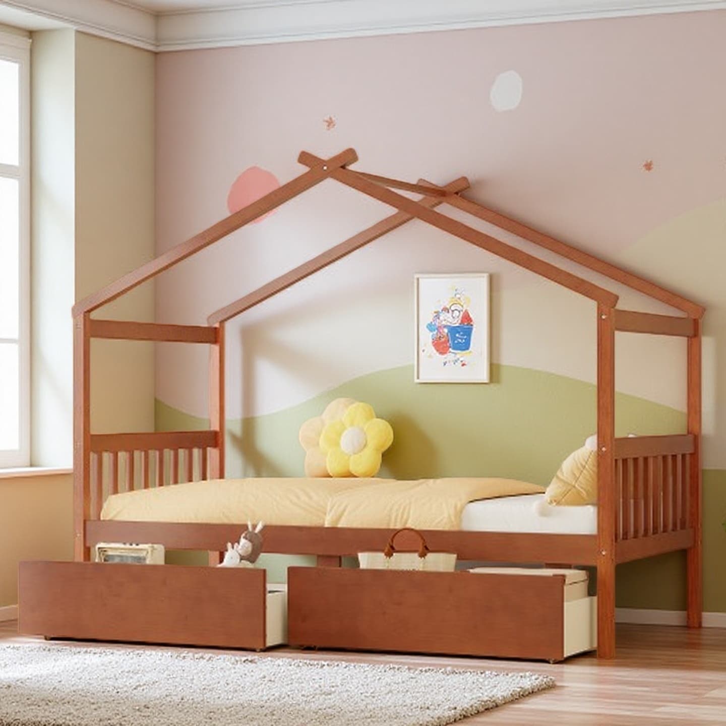Twin Size Kids House Bed with Storage Drawers, Solid Pine Wood Frame with Whimsical Roof Design, Space-Saving Daybed