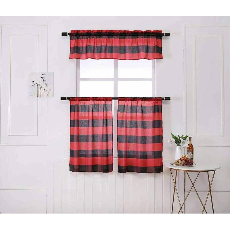 MarCielo 3 PCS Buffalo Check Plaid Window Kitchen Curtain With Tier - Red/Black