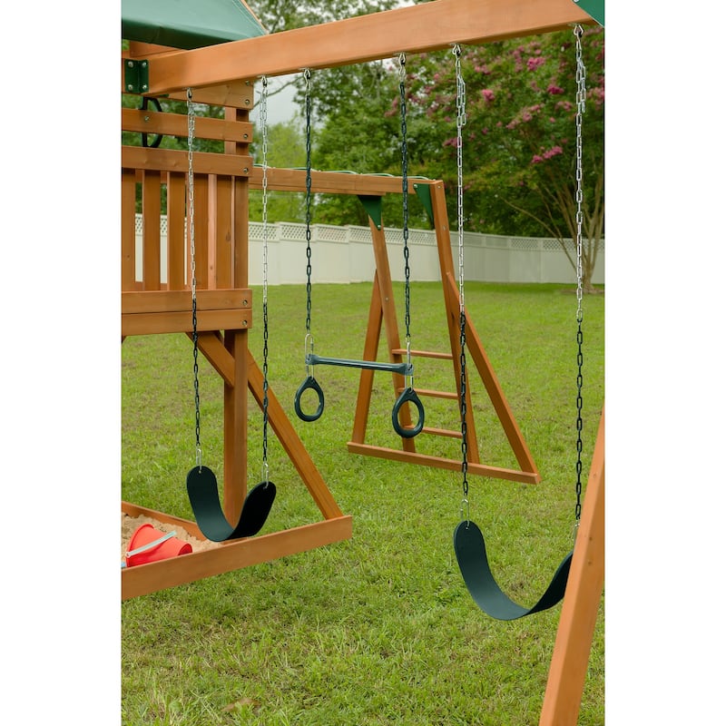 Mountain View Swing Set with Tarp Roof, Climbing Wall, Monkey Bars