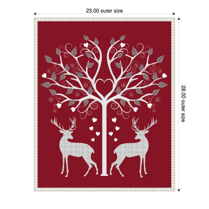 Christmas Des Deer and Heart Tree Grey on Red by Fab Funky (23 x 28 in.), Framed Canvas Wall Art Print - Sylvie Beaded White
