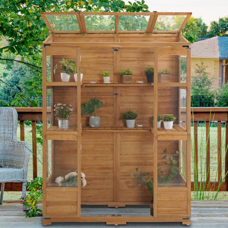 MCombo Walk-in Greenhouse with Openable Roof and Lockable Door, Solid Wood 0899