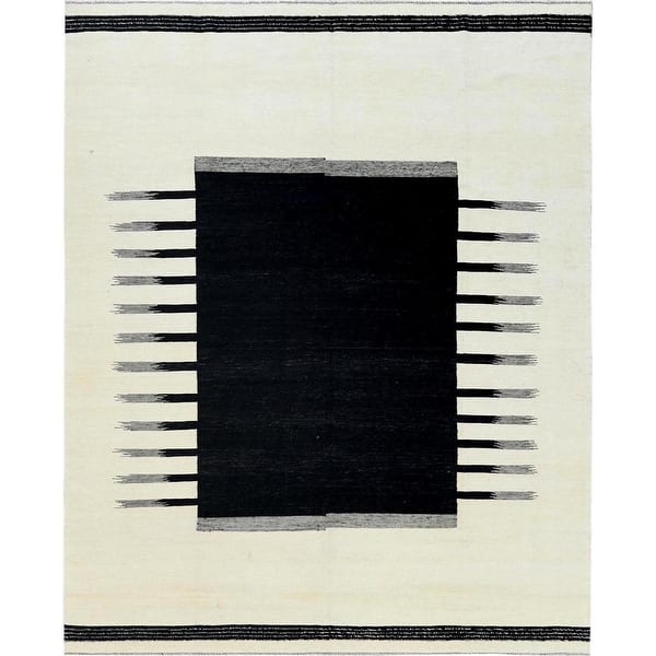 slide 1 of 6, Hand Knotted Black Flat Weave with Wool Oriental Rug (8'2" x 10') - 8'2" x 10'