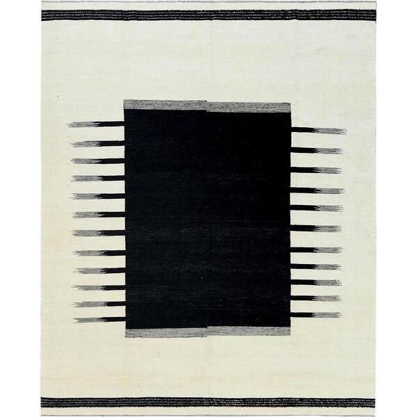 slide 1 of 6, Hand Knotted Black Flat Weave with Wool Oriental Rug (8'2" x 10') - 8'2" x 10'