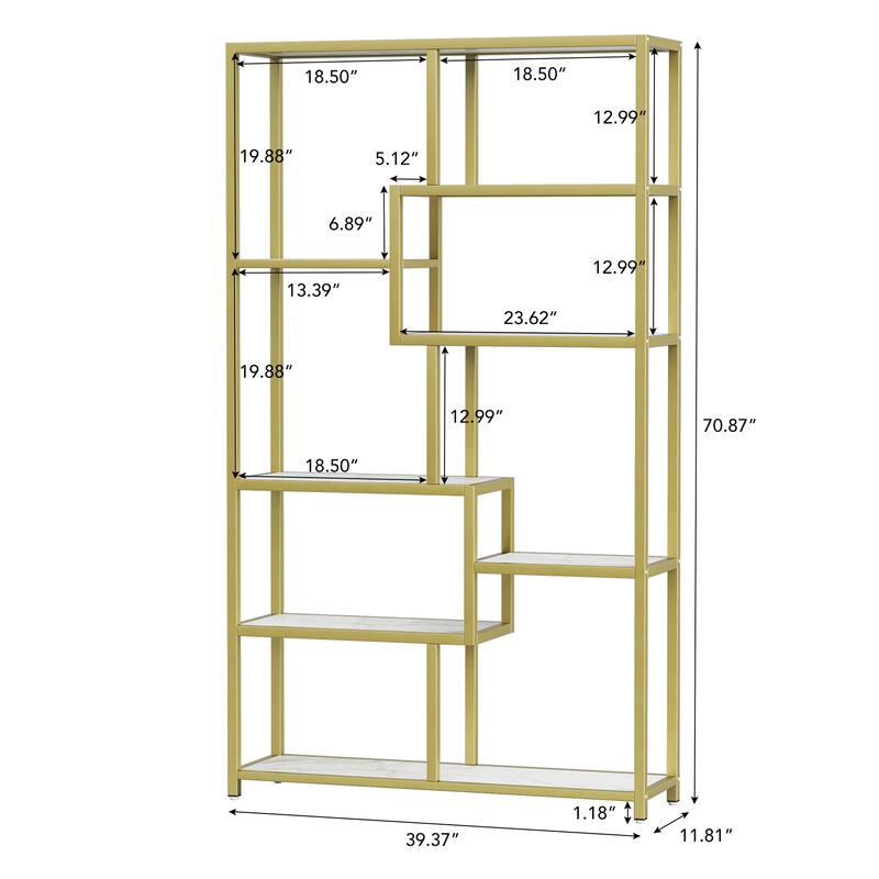 White Gold Bookshelf Bookcase 8-Open Shelf Etagere Bookcase with Faux Marble