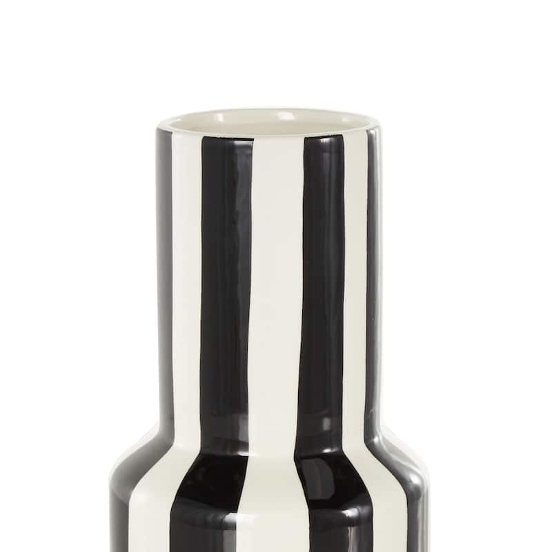 Ceramic Round Decorative Vase with Blue or Black Vertical Stripes - White - Roche River Decor