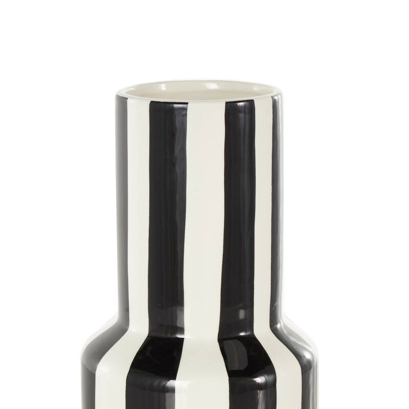 White Ceramic Round Decorative Vase with Blue or Black Vertical Stripes