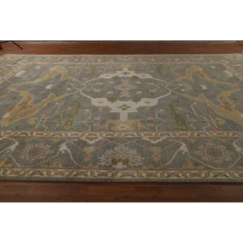 All-Over Gray Green Oushak Indian Large Rug Hand-Knotted Wool Carpet - 11'8" x 17'5"