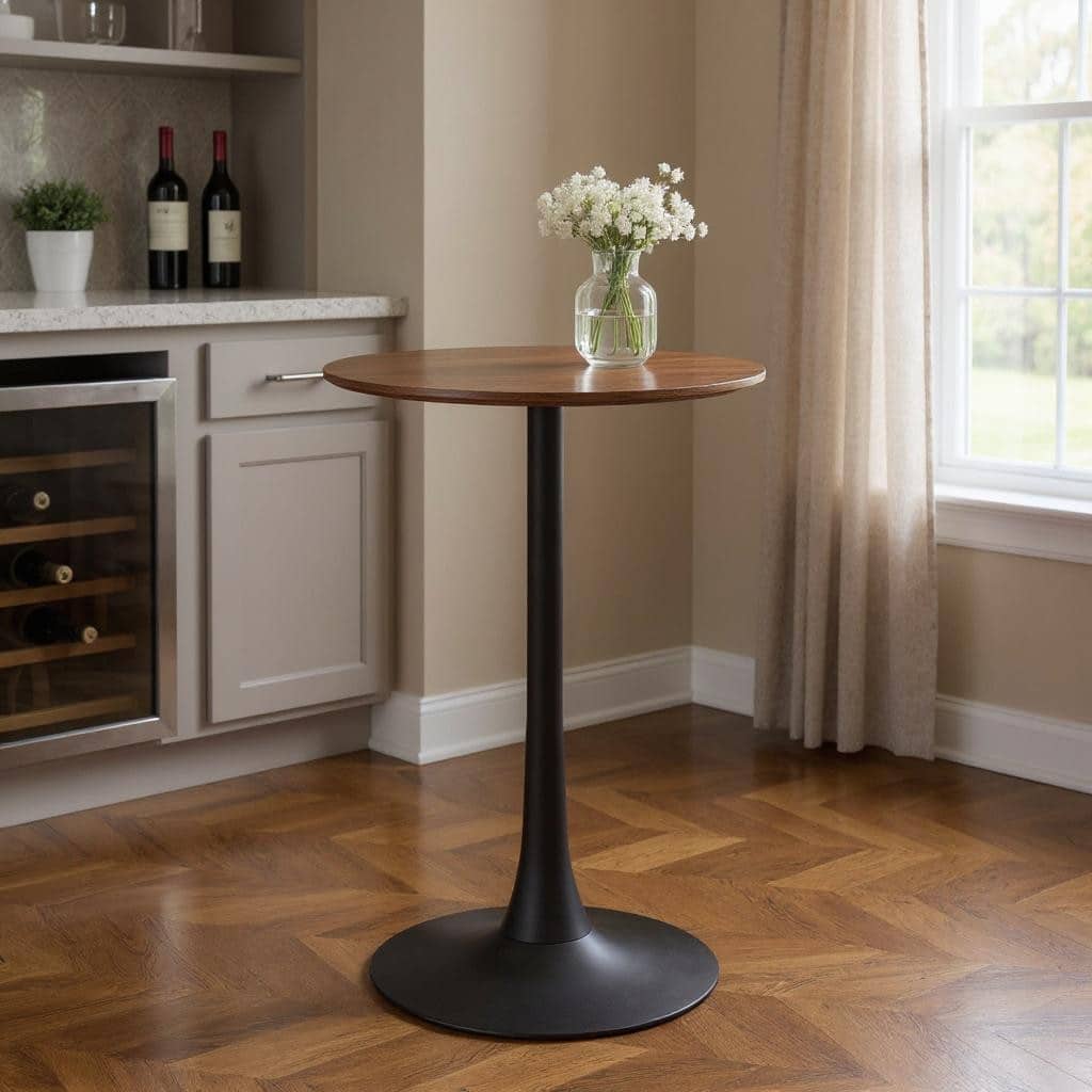 HomeRoots 24" Brown and Black Wood and Steel Rounded Bar Table - 24.00 in. x 41.70 in. x 24.00 in.