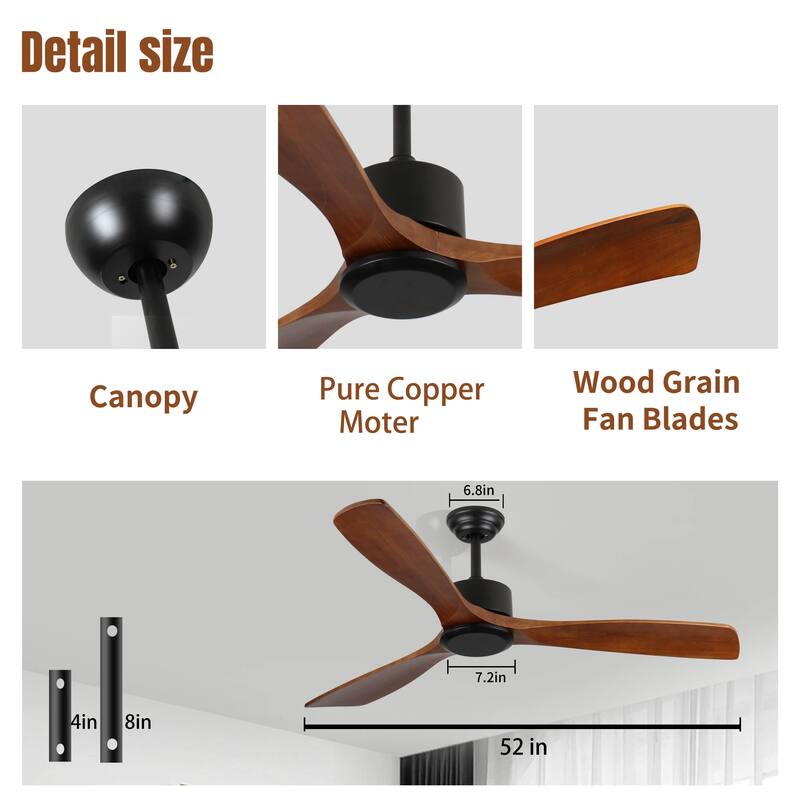 Farmhouse Wood Ceiling Fan No light, 52" Reversible DC Motor Ceiling Fan for Living Room Kitchen Bedroom