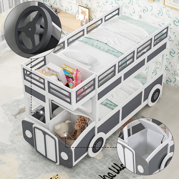 slide 2 of 14, Twin over Twin Bus-shaped Bunk Bed with Wheels and Storage Grey