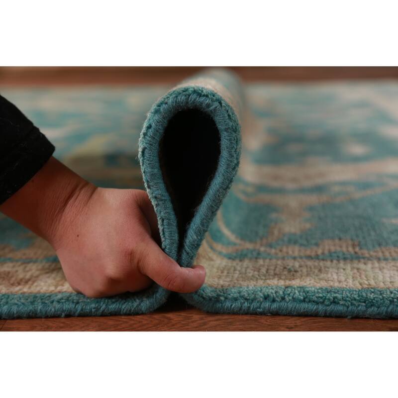 All-Over Green Oushak Indian Area Rug Floral Handmade Wool Carpet - 9'1" x 11'9"