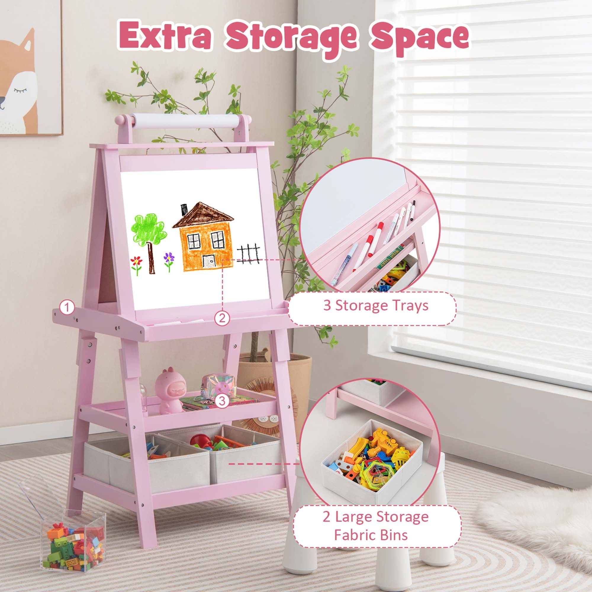 3 In 1 Kids Wooden Art Easel with Storage Baskets