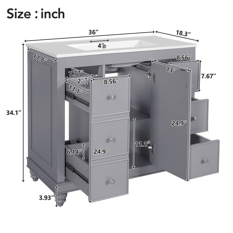 Contemporary White Bathroom Vanity Set – 36"Ceramic Sink Combo with 4 Drawers & 1 Door, Solid Wood Frame & Adjustable MDF Shelf‌