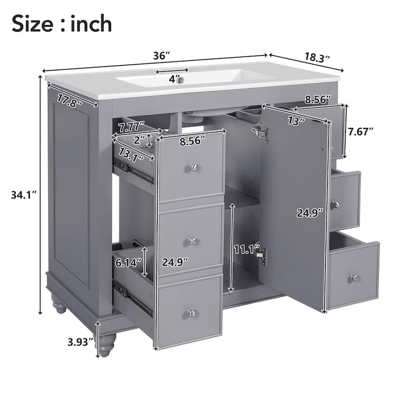 Modern 36 Inch Bathroom Vanity with Sink, Freestanding Cabinet, 4 Storage Drawers, Soft-Close Door, MDF + Wood